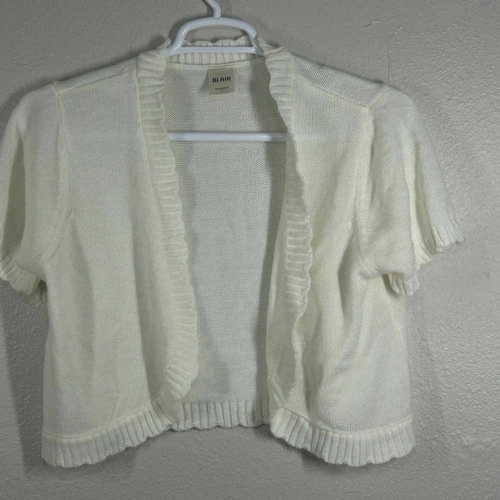 Blair Womens L Shrug Ruffle Open Front Short Sleeve White Cropped Balletcore